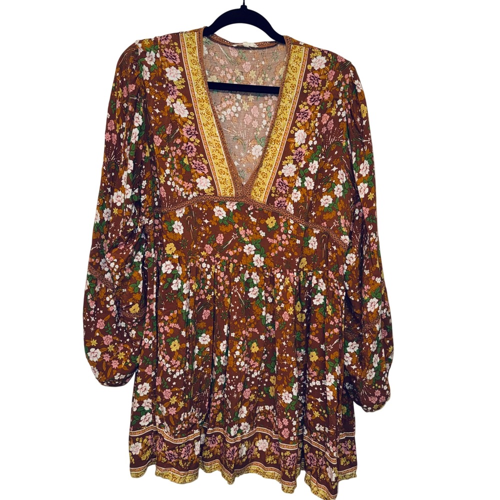 166 | Easel Women L Boho Floral Babydoll Crochet Trim Dress Peasant Cottagecore